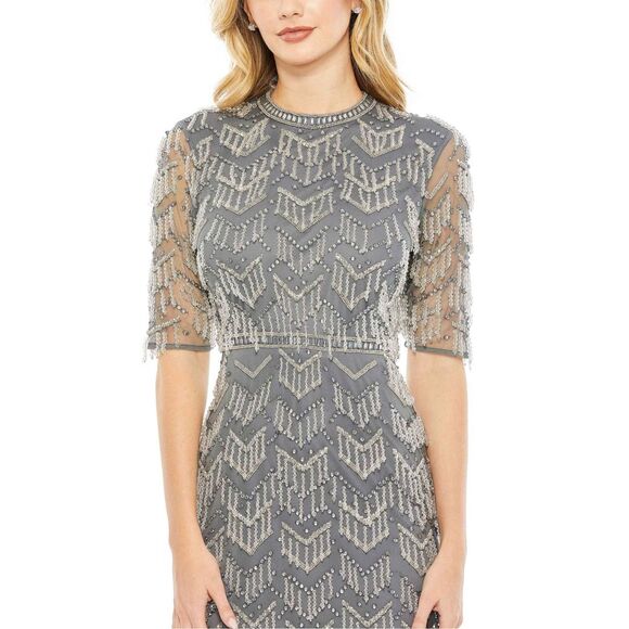 NWT MAC DUGGAL BEADED FRINGE QUARTER SLEEVE COLUMN GOWN $1198 - Picture 3 of 10